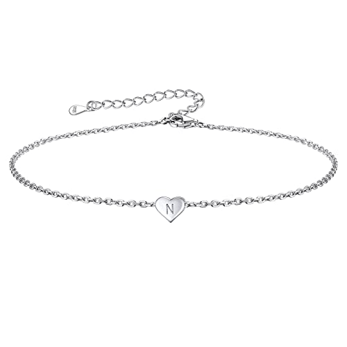 FOCALOOK S925 Silber Herz Fußkette Frauen Mädchen Fußkettchen mit N Initiales Alphabet Fußkettchen 22cm Charm-Fußkette Fuß Modeschmuck für Geburtstag/Valentinstag/Weihnachten