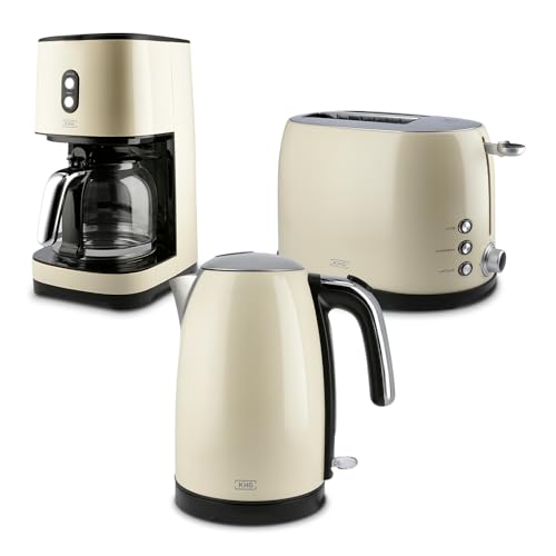 KHG Frühstücksset Wasserkocher, Toaster & Kaffeemaschine Creme Beige Retro Vintage, Kapazität 1,7 Liter, 2 Toastscheiben & 12 Tassen Kaffee, 360° Sockel, Röstgradeinstellung, Warmhaltefunktion