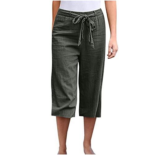 yiouyisheng Leinenhose Damen Sommer 3/4 Knielang Kurze Hosen Leicht und Luftig Locker Hohe Taille Caprihose Elastisch Einfarbig Strandhose Stoffhose Casual Pants mit Kordelzug