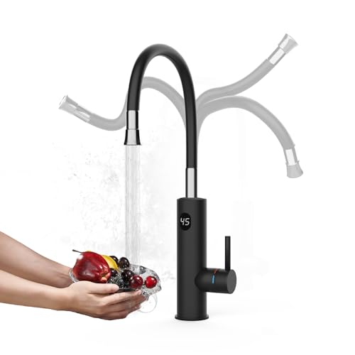 Wasserhahn mit Durchlauferhitzer Küche, 3200W Elektrischer Wasserhähne Sofort Warm Küchenarmatur mit Flexibler Auslauf und LCD Temperaturanzeige, 360º Drehung Schnellheizungshahn Armatur, Schwarz