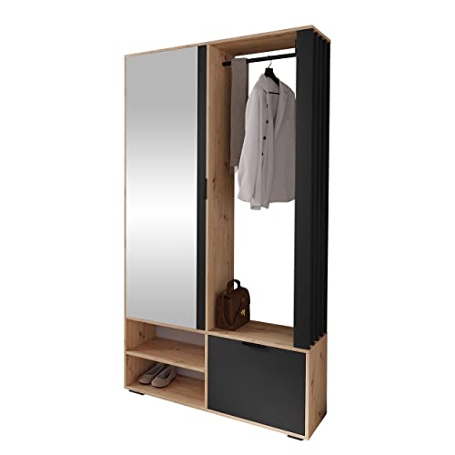 Mirjan24 Garderoben-Set Raldento mit Spiegel, Kleiderstange, Schuhschrank und Fächer, Wandgarderobe, Flurgarderobe, Kompaktgarderobe (Eiche Artisan/Eiche Artisan + Schwarz)