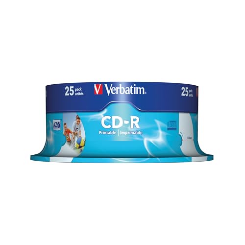 Verbatim CD-R AZO Wide Inkjet Printable 700 MB, 25er Pack Spindel, CD Rohlinge, 52-fache Brenngeschwindigkeit mit langer Lebensdauer, leere CDs bedruckbar, Audio CD Rohling