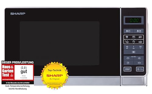 Sharp R242INW Solo-Mikrowelle / 20 L / 800 W / 5 Leistungsstufen / 8 Automatikprogramme / Gewicht- und zeitgesteuerte Auftauen / Kindersicherung / Energiesparmodus / Glasdrehteller (25,5 cm) / silber