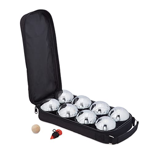 Relaxdays Boule, 8 Metall Kugeln, Set mit Zielkugel & Abstandsmesser, Tragetasche, Boccia Spiel, Silber/schwarz