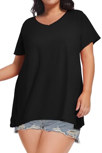 Plus Size Tops für Damen Sommer Kurze Ärmel T Shirt Oversize V Hals Blusen(Schwarz,3XL)
