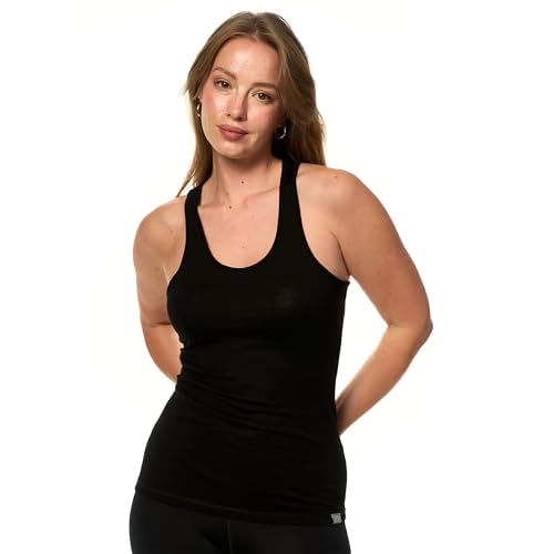 Merino.tech 100% Merino Unterwäsche Damen, Merino Unterhemd Damen, Thermo Sport Top Trägertop Tank Top aus Merinowolle (Medium, Black Tank)