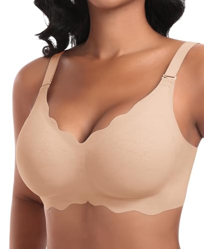 Ganado Damen Nahtloser BH Ohne Bügel Tiefem V-Ausschnitt gewellte Ränder Push Up BH Bralette Soft Bequem BHS Bügellos Bustier (Beige-Doppel Vorderwelle, XL)
