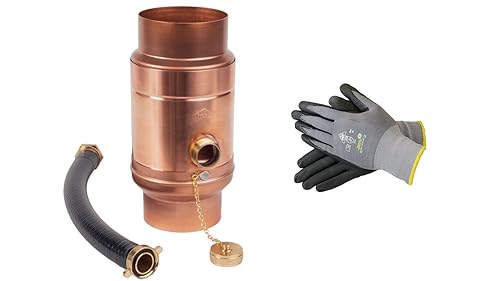 Sanitärshop Baustoffe & Sanitär Kupfer Regenwassersammler 100mm mit Schlauch- und Fassanschluss, 85% Wasser-Ertrag Dank doppelwandigem Aufbau, Wassersammler für Regentonnen + Handschuhe