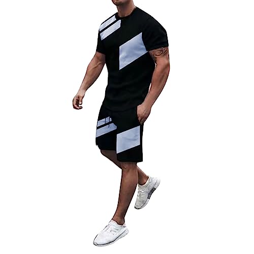 Herren Trainingsanzug Sommer Sportanzug 2-Teiliges Sport Set Kurzarm T-Shirts Kurze Hose Sets Freizeitanzug Männer Bequme Baggy Elastische Taille Shorts Tshirt Sportlich (Dark Blue #2, XXXL)