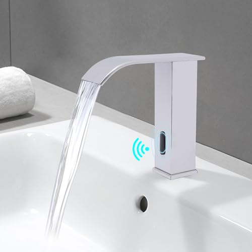 Wasserhahn Bad Infrarot Automatisch Sensor Wasserhahn Bad Berührungsloser Waschtischarmatur Edelstahl Wasserhahn Heiß und Kaltwasserhahn Batteriebetrieben Höhe 18cm Weiß
