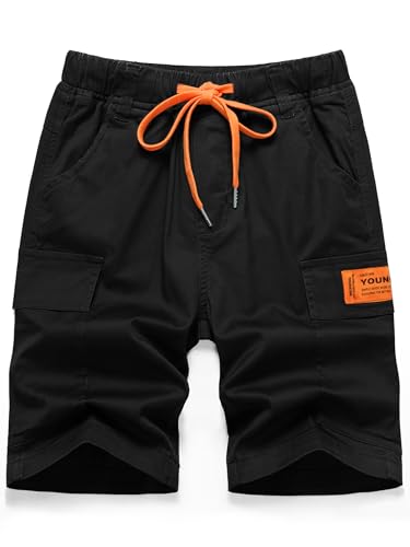 YOUNGSOUL Jungen Kurze Hosen Kinder Cargo Shorts Sommer Freizeithose Bermudas mit Kontrastierendem Kordelzug Schwarz 2/152-158/Größe 160