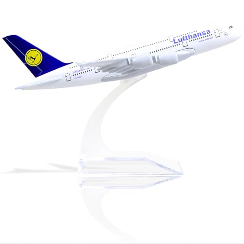 QIYUMOKE Airbus A380 Lufthansa 1/400 Druckguss-Metall-Flugzeugmodell mit Ständer, Sky Jumbo Airliner, Legierung, Modellbausatz für Luftfahrt-Enthusiasten, Geschenk