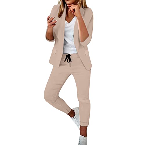 Büro Outfit Damen, Hosenanzug Damen Festlich Elegant Einfarbig Business Outfit Anzug Hosenanzüge Hosenanzug Lounge Set Sportanzug Zweiteiler Blazer Sommer 2 Teiler Freizeitanzug Streatwear Khaki S