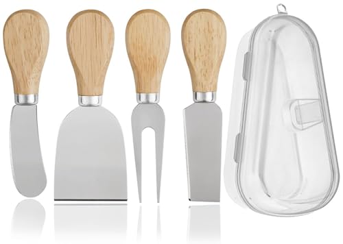 5 Stück Käsemesserset Set Käsemesser Kollektion aus Edelstahl mit Teakholzgriffen Mini-Edelstahl-Käsegabel Messer Schaufel mit Aufbewahrungsbox, für Käsehobel, Kuchen, Dessert und Butterschneider