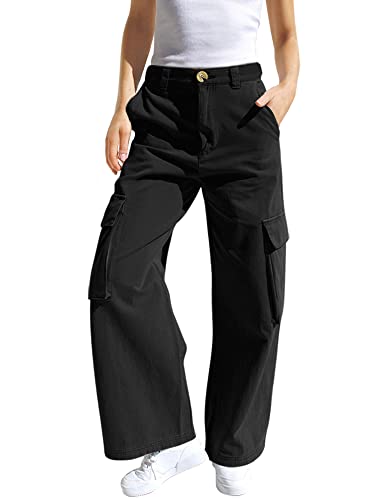 Haloumoning Mädchen Cargohose Baumwoll Y2K Baggy Cargo Hose Kinder Straight Leg Hohe Taille Jogginghose Casual Outdoorhose mit Elastische Taille und Taschen, Schwarz, 13-14 Jahre