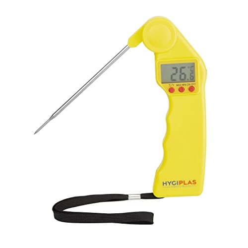 Hygiplas Easytemp Thermometer, gelb - gekochte Fleischprodukte, Temperaturbereich: -50°C bis 300°C, 15 Sekunden Ansprechzeit, klappbarer Fühler, 1x AAA-Batterie erforderlich, CF912