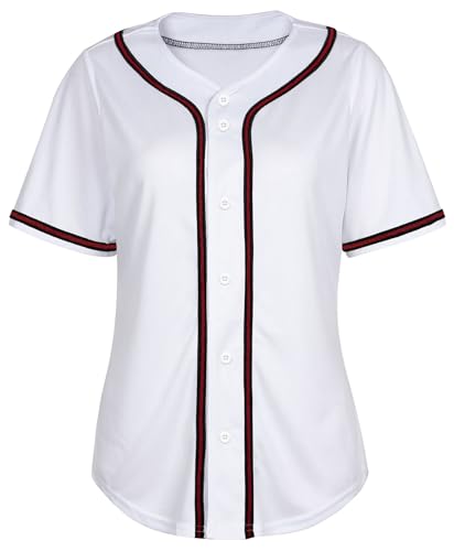 Damen-Baseballtrikot, Knopfleiste, blanko, Softball-Trikot, kurzärmelig, Hip-Hop-Aktiv-Hipster-Shirt, Weiß (schwarz-roter Rand), X-Groß