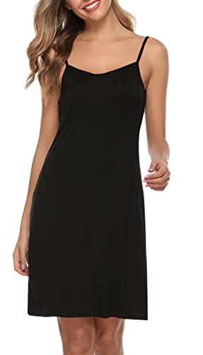 Vlazom Damen Unterkleid mit Trägern Unterröcke Sexy Negligee Full Slip Miederkleider Nachthemd Nachtwäsche(S,Stil A-Schwarz)