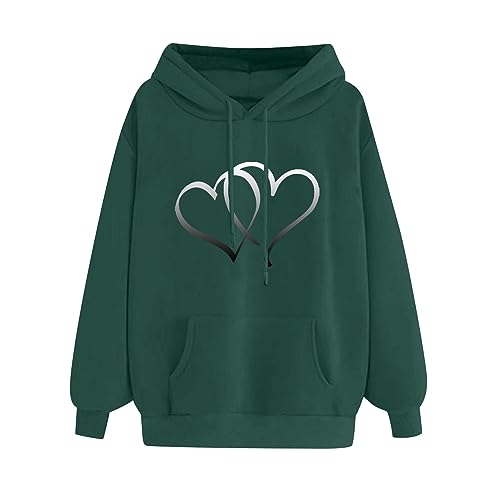 JISDFKFL Pullover für Damen, Fleece, warm, Kordelzug mit Taschen, überschnittene Schulter, einfarbig, lange Ärmel, Herbst, Winter, Herzmuster, bedruckt, Kapuzenpullover, lockere Sweatshirts, grün, 46