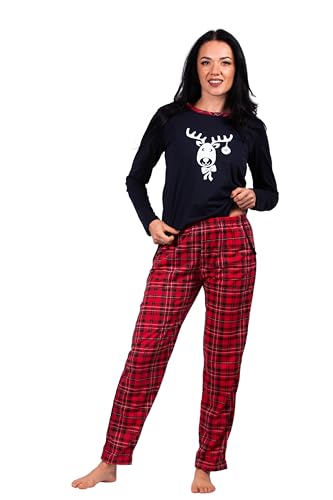 HEYO Schlafanzug Damen Lang Pyjama 100% Baumwolle Zweiteiliges Set Langarm Shirt Lange Karierte Pyjamahose Weihnachtspyjama (DE/NL/SE/PL, Alphanumerisch, S, Regular, Regular, Standard, X-Mas)