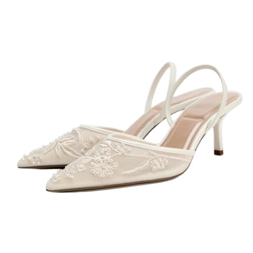 Damen Embroidered Mesh Slingback Heels - Thin Heels Pointed Toe Elastisch Strap Elegant Party & Dress Schuhe für Frauen Damen Mädchen Weiß Große 38