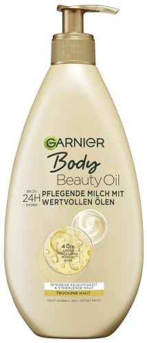 Garnier nährende Öl Milch/Körper Öl mit 4 wertvollen Ölen: Argan, Macadamia, Mandel, Rose, für trockene Haut- fettet nicht, klebt nicht, Oil Beauty, 1er Pack - 400ml