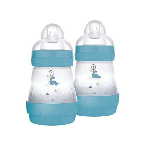 MAM Easy Start Anti-Kolik-Fläschchen, 2er-Set für Babys von 0-2 Monaten, 160 ml, Sauger Fluss 1 für 0+ Monate, aus SkinSoft Silikon, bio-rund, blau