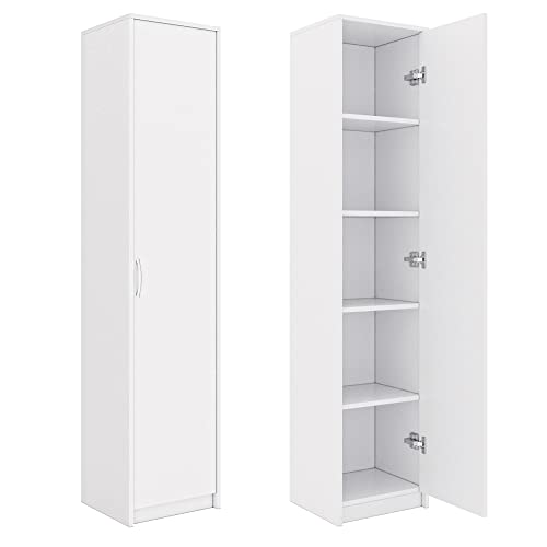 Bücherregal Kleiderschrank Regal weiß 40cm breit 180cm hoch Schrank Organizer Mehrzweckschrank mit 4 verstellbaren Einlegeböden Aktenschrank Regal Wand schmal Holz für Schlafzimmer Flur Keller Büro