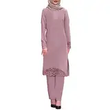 KBOPLEMQ Muslimische Kleider Damen Islamische Langarm Hollow Out Spitze Lang Top + Hose 2 Teiler Ramadan Outfit 2 Stück Islamische Kleidung Naher Osten Arabisch Gebetskleidung für Frauen