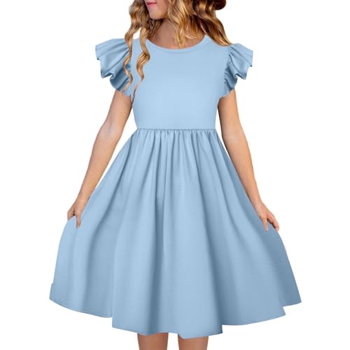 Kleid Mädchen Fliegenärmeln Sommerkleid mit Rundhalsausschnitt A-Linie Kinder Sommer Festliche Kinderkleid Kurzarm Rundhals Freizeitkleid Lässig Einfarbig Partykleid 3-15 Jahre