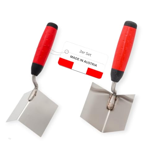 WERKFIT Profi Eckenkelle Set 80x60 mm - Inneneckenkelle und Außeneckenkelle aus Edelstahl - Eckspachtel mit Softgriff. Rostfrei - Hergestellt in Österreich