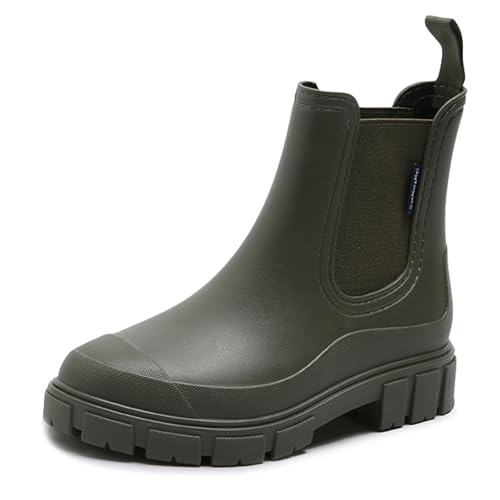 DRECAGE Gummistiefel Damen Wasserdicht Stiefel Damen Halbhoch Ankle Chelsea Boots Stylisch Stiefeletten mit Rutschfest Sohle Grün 41
