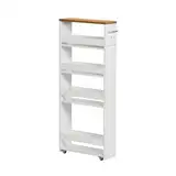 FetiNes Rollwagen 5 Ebenen, Küchenwagen schmal, Nischenregal auf Rollen, Stahl, Griff, für kleine Räume, 40 x 14 x 100 cm, Küche, Bad, Wohnzimmer, Arbeitszimmer, Eichenfarben + Weiß