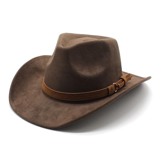 Cowboyhut für Damen Herren Westernhut Cowgirl-Hut Filz Cowboyhüte Fedora Hut Breiter Krempe mit Band Jazzhut (DE/NL/SE/PL, Alphanumerisch, Einheitsgröße, Braun)