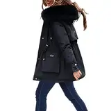 Winterjacke Damen Baumwollmantel Kapuzenmantel Einfarbiger Langarm Gepolsterter Jacke Gefütterte Fleecejacke mit Kapuzen Warme Lange Winterparka mit Tasche Schlanke Fell Kragen Wintermäntel