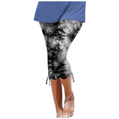 Jogginghose Frauen Sommer-Leggings mit Batikmuster für Damen, modisch, lässig, Resort-Stil, Enge, Kurze Hose mit Kordelzug Pants Sweatpants Yogahose Damen Weit Extra Länge (Black, XXL)