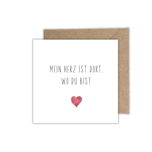 WBdesignz Liebeskarte „Mein Herz ist dort, wo du bist“ mit Umschlag – minimalistische Karte mit Herzmotiv und berührendem Spruch für Partner, Freund, Freundin oder Fernbeziehung (125 x 125 mm)