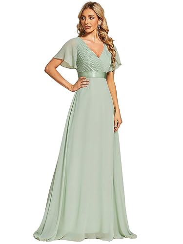 Ever-Pretty Damen A-Linie Chiffon Brautjungfernkleid V Ausschnitt Chiffon Hochzeit Bodenlang Abendkleid Minzgrün 38EU