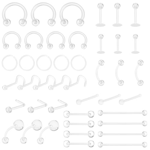 Tucnoeu 48pcs Piercing Set Transparent Kunststoff Piercing Nasenring Nasenstecker Lippenring Septum Augenbraue Zunge Industrial Piercing Plastik Piercing für OP Schmuck Kit