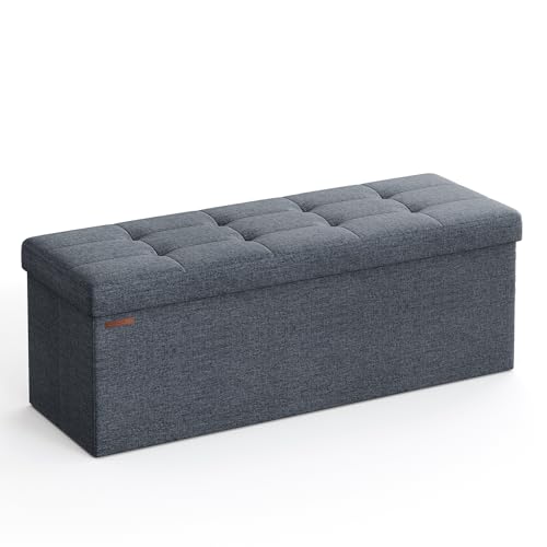 SONGMICS 110 cm Sitzbank mit Stauraum, klappbare Sitztruhe, Aufbewahrungsbox, Fußbank, helldenimblau LSF077Q01