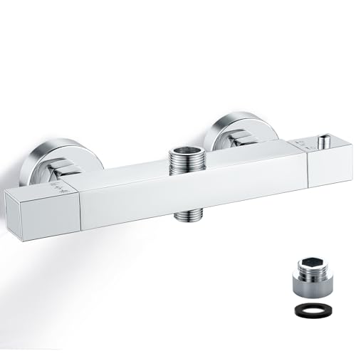 Duscharmatur mit Thermostat, Bevankly Duschthermostat Duscharmatur Messing Mischbatterie für Dusche mit 2 Auslässen Chrom, Oben 3/4"BSP (26.4 mm) + Unten 1/2"BSP (21 mm)