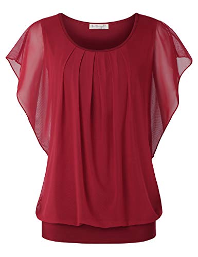 BAISHENGGT Damen Falten Kurzarm Tunika Batwing Rundkragen Bluse Weinrot X-Large