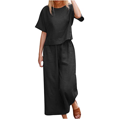 Zweiteiler Damen Baumwolle Leinen Jogginganzug Sommer Hosenanzug Modische Sportlich 2 Teiliges Set Schlanke Übergroßes Elegant Einfarbiges Freizeitanzug Hochwertige Sportanzug Jogginganzug Loungewear