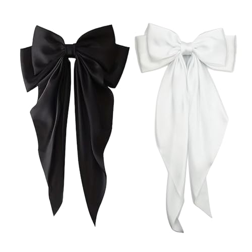 2 Stück Haarschleifen mit Schleife, Große Schleife Hair Bow, Kopfbedeckung Seide Schwarze Schleife, Weiß Haarschleife, Kopfschmuck für Damen und Mädchen(Schwarz und Weiß)