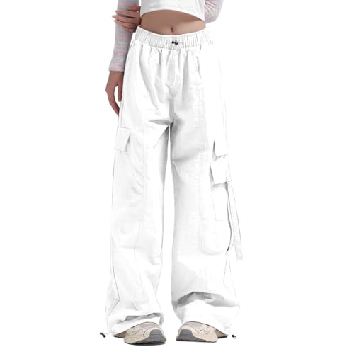 Cargohose Damen Weiß, Track Pants Baggy, Laufhosen Multi Taschen Elastische Taille Arbeitshose Y2K mit Kordelzug Fallschirmhose Loose Lässige Freizeithosen Weich Atmungsaktiv Workwear Wandern