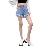 Jeans Shorts Damen, Kurze Hose Damen Sommer, Jeansshorts Roher Saum Sexy Jeanshose Locker Versatile Sommerjeans Stilvolle High Waist Sommershorts Used Look Vintage Hotpants Casual