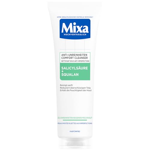 Mixa Anti-Unreinheiten Comfort Cleanser, Für zu Akne neigende und sensible Haut, Glättet das Erscheinungsbild der Poren, Mit Salicylsäure und Squalan, Geeignet für Gesicht & Hals, Hypoallergen, 150 ml