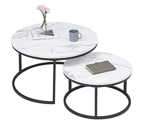 GrandCA HOME 2er Set Runder Couchtisch Beistelltisch (Marmorimitat) für das Wohnzimmer, Große Größe: 80x80x45cm; Kleine Größe: 60 x 60 x 35 cm,Schwarz