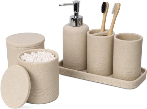 ZCCZ Badezimmer Set – 6 Teile – Badezimmer Organizer mit Zahnbürstenhalter, Seifenspender, Seifenschale, für Kosmetik u. Wattestäbchen – Edle Badezimmer Deko in Marmor-Optik, Sandfarben