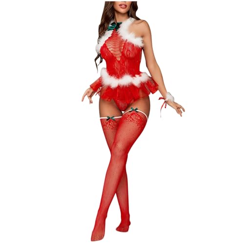 Damen Sexy Dessous Unterwäsche Reizwäsche Lingerie Sexy, eng anliegendes Set mit Weihnachtsmotiv in Rot für Damen mit hoher Elastizität und Hohlnetz Zuckerperlen Dessous (Red, One Size)